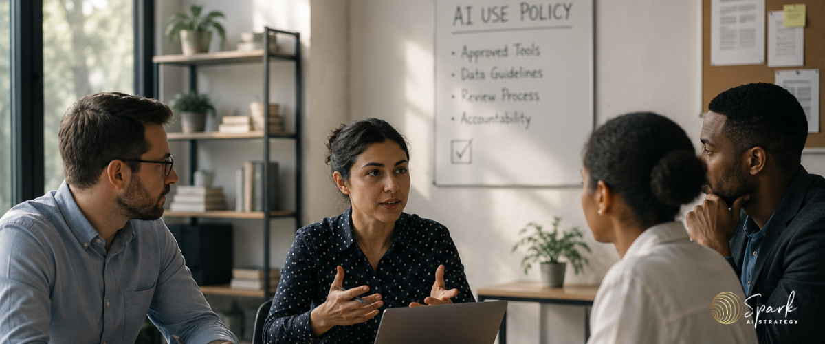 Team discussing AI use policies and workplace guidelines